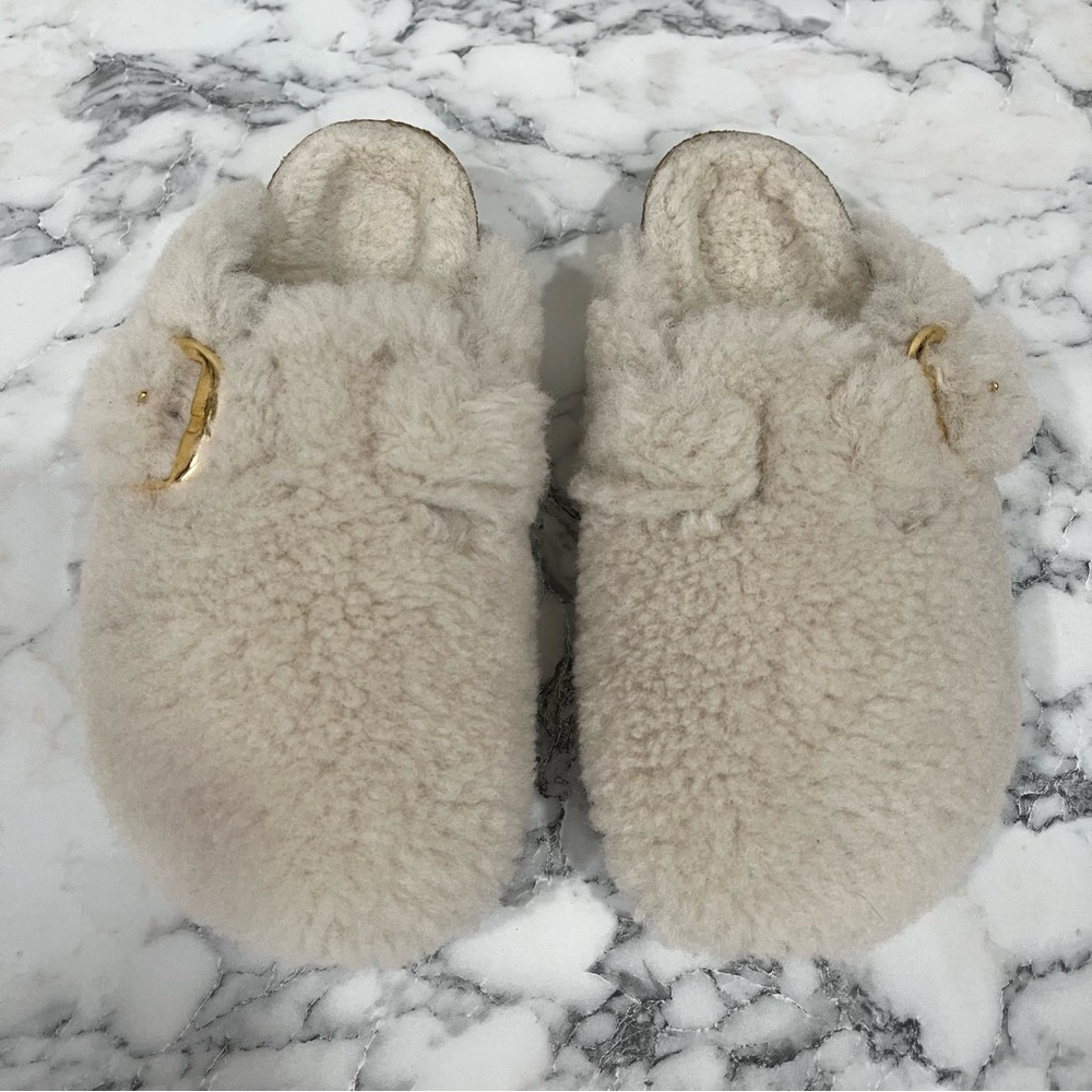 Birkenstock Boston Teddy Clogs Big Buckle Gold Cream Shearling Woman’s Size 5 - Picture 7 of 15